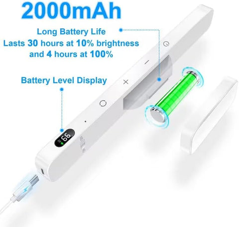 LED task light with battery level display and specifications on a white background