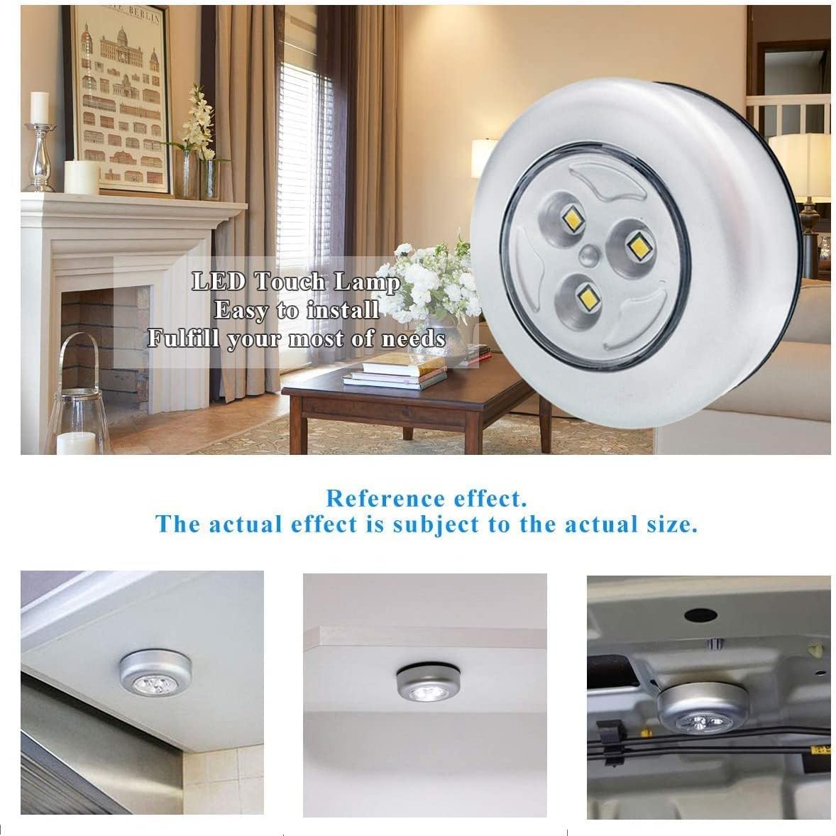 LED touch lamp with installation examples in a living room setting