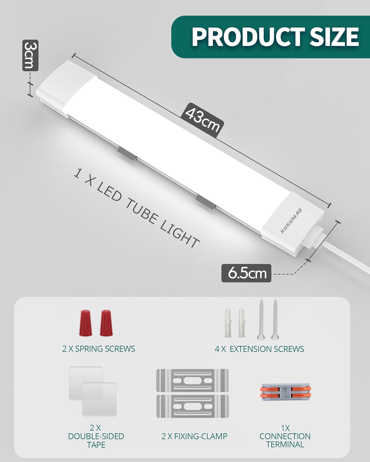 LED tube light with dimensions and accessories on a gray background