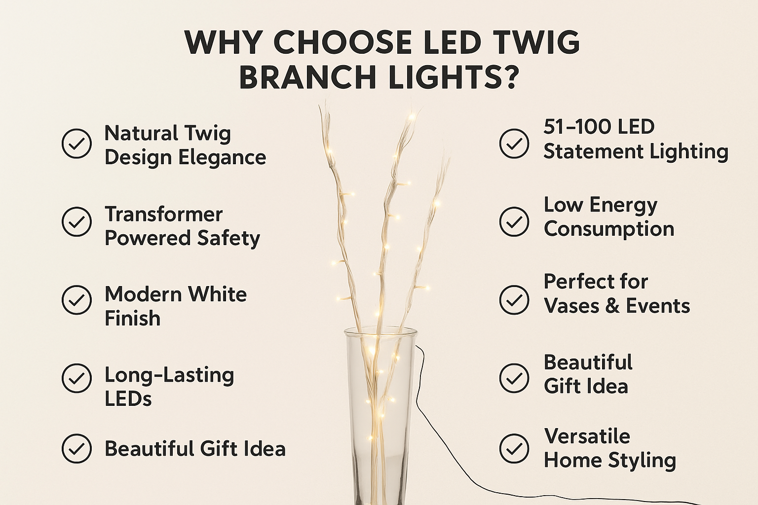 LED twig branch lights with features listed on a beige background