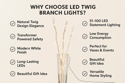 LED twig branch lights with features listed on a beige background