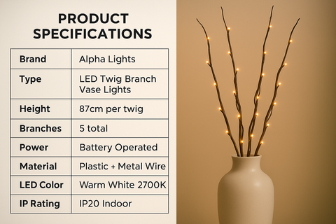 LED twig branch vase lights with product specifications on a beige background