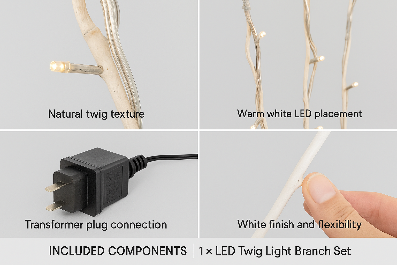 LED twig light branch set with natural texture, warm white LED placement, transformer plug connection, and white finish flexibility.