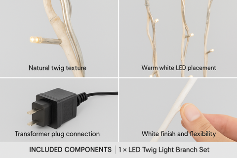 LED twig light branch set with natural texture, warm white LED placement, transformer plug connection, and white finish flexibility.