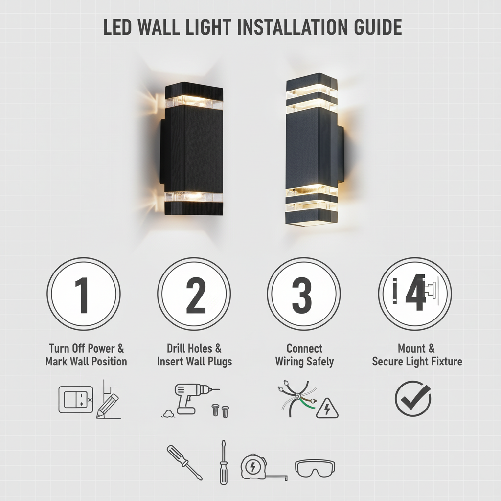 LED wall light installation guide with step-by-step instructions and icons on a white background.