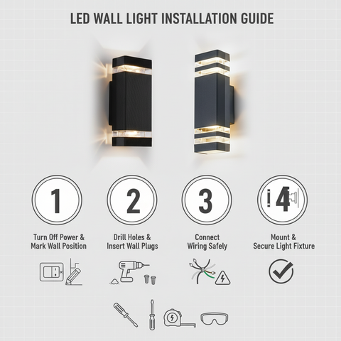 LED wall light installation guide with step-by-step instructions and icons on a white background.