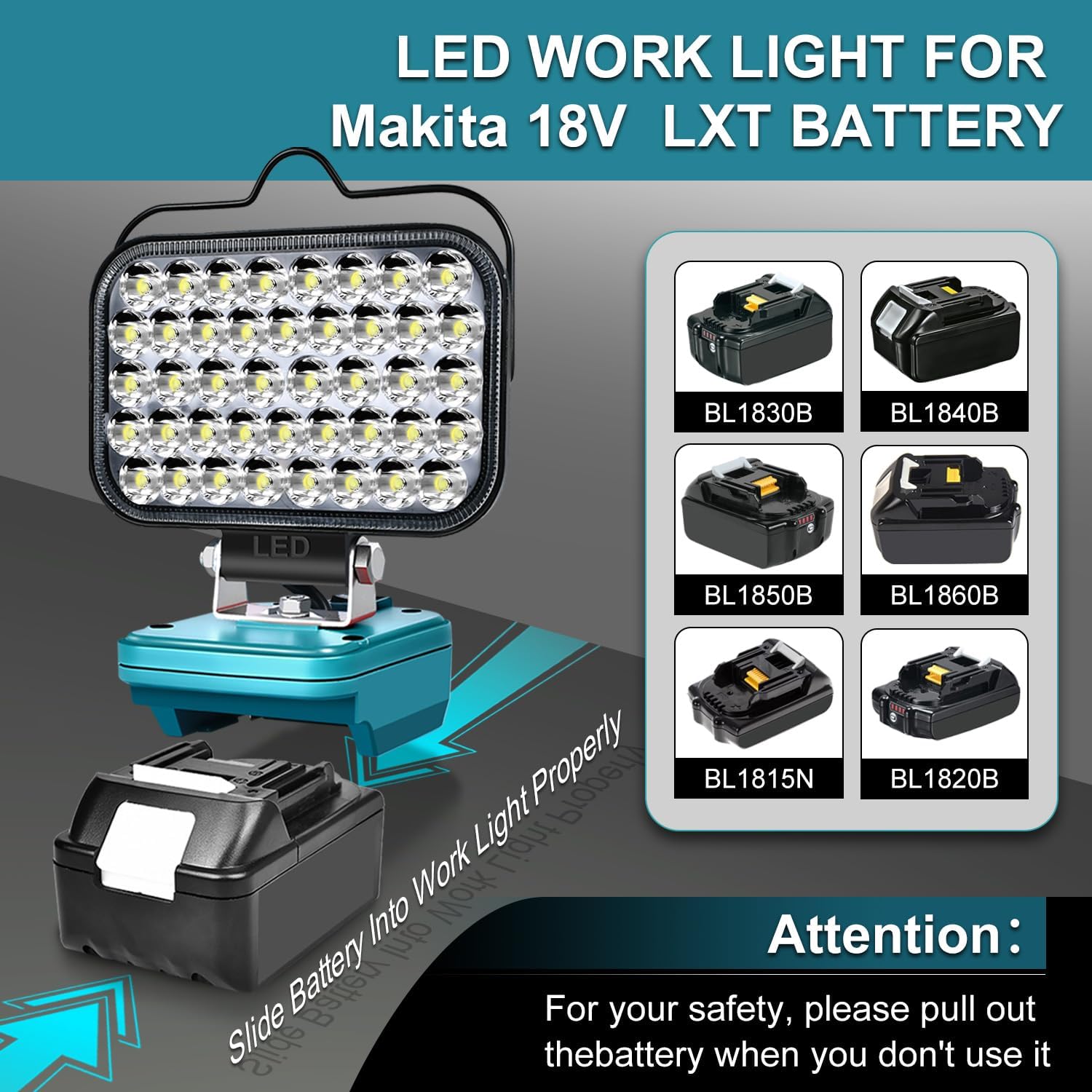 LED work light for  18V LXT battery with compatibility information on a gray background.