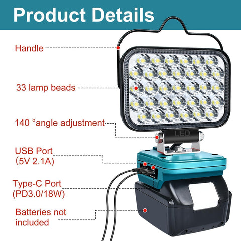 LED work light with features highlighted on a white background