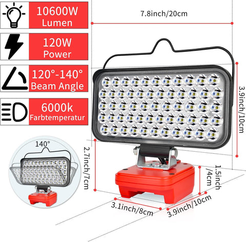 LED work light with specifications and dimensions on a white background