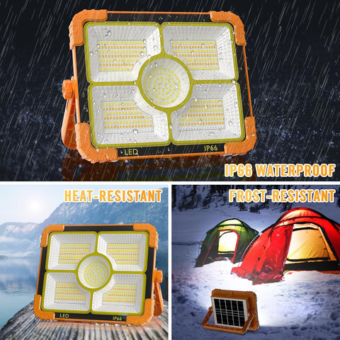 LED work light with waterproof and frost-resistant features, shown in various settings.