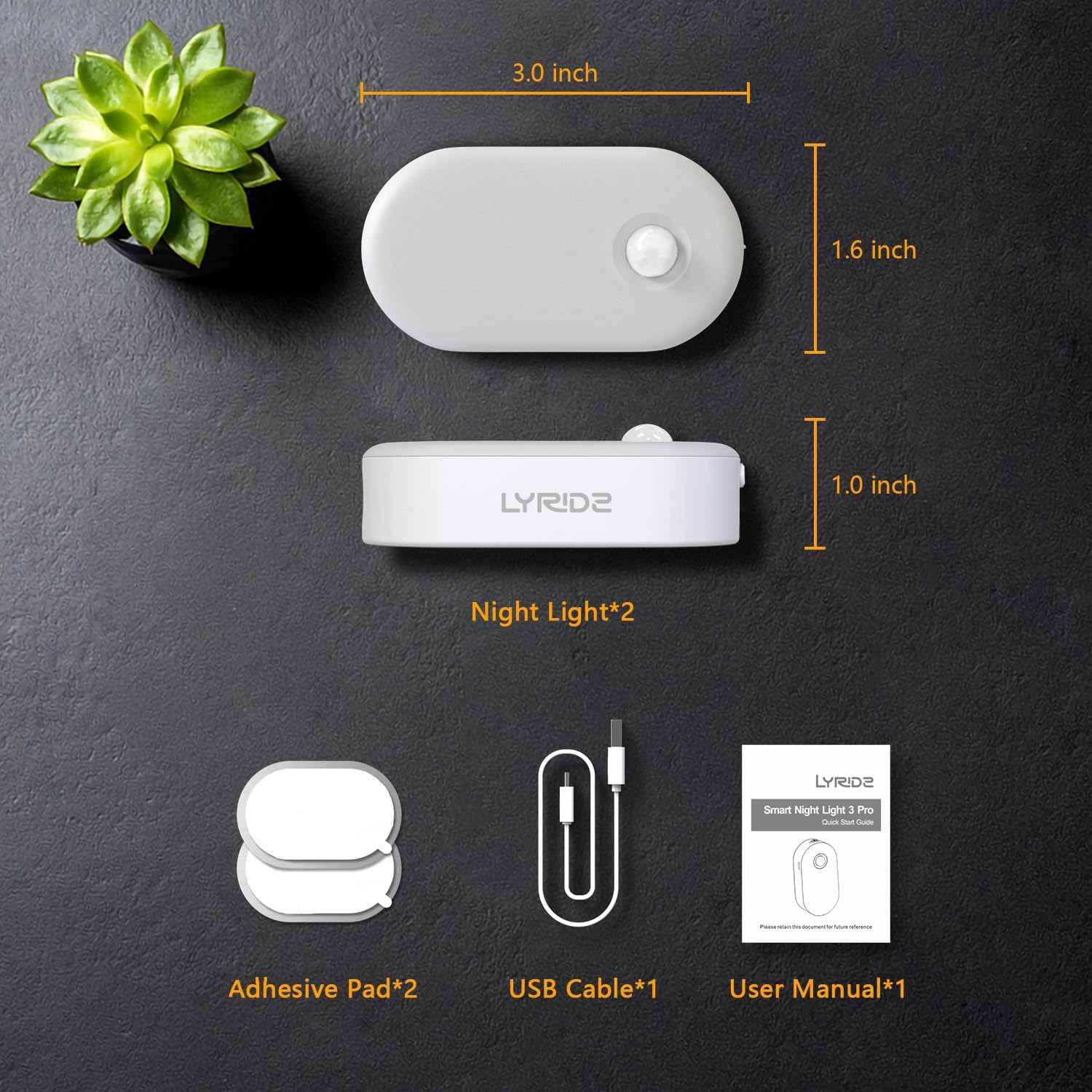 LYRIDE smart night light with dimensions and included accessories on a dark background