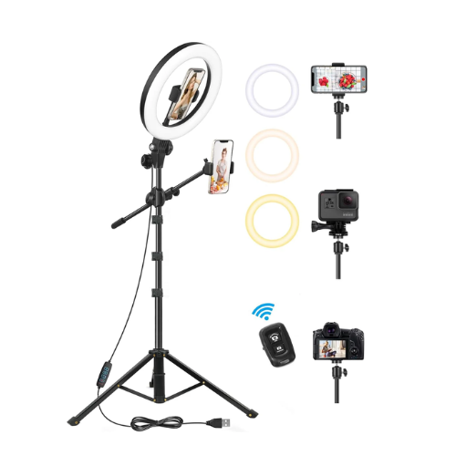 10.5Inch  Ring Light with Tripod Stand in UK - Bluetooth Control, 360° Rotatable, 3 Lighting Modes with 2 Shooting Positions, Overhead Tripod for Video Recording, Live Streaming, Makeup