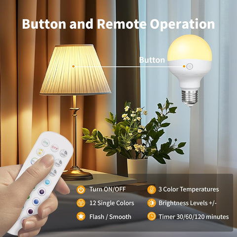 Lamp, remote control, and light bulb with text on button and remote operation.