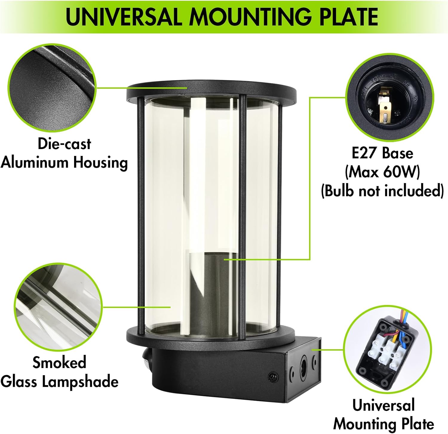 Lamp with features highlighted, including die-cast aluminum housing, smoked glass lampshade, E27 base, and universal mounting plate.