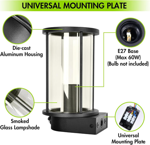 Lamp with features highlighted, including die-cast aluminum housing, smoked glass lampshade, E27 base, and universal mounting plate.