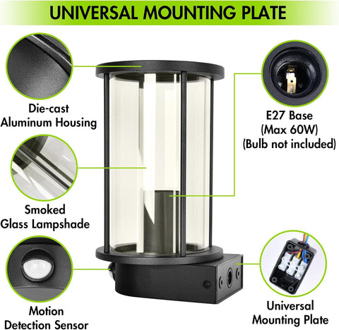 Lamp with features highlighted, including die-cast aluminum housing, smoked glass lampshade, E27 base, motion detection sensor, and universal mounting plate.