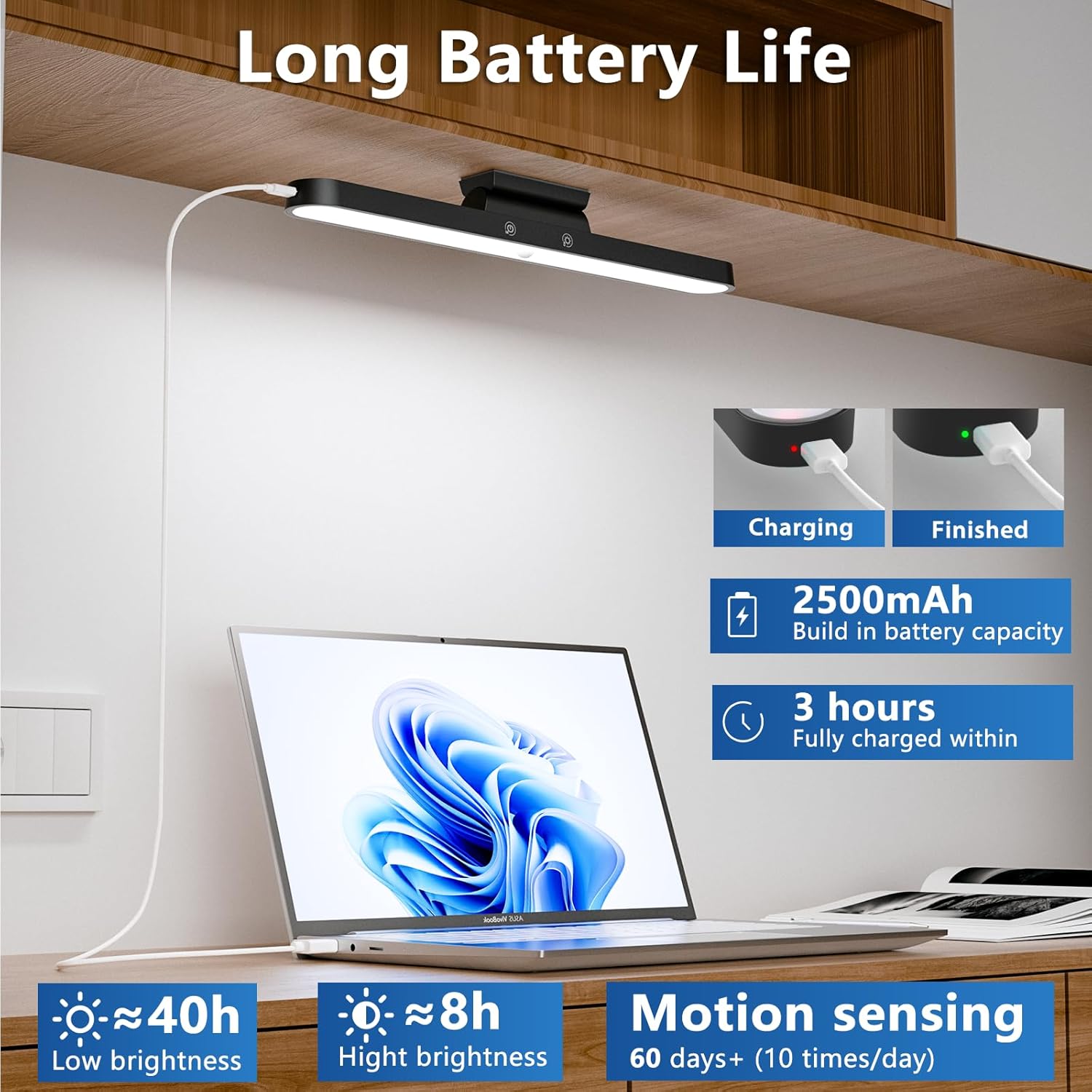Lamp with laptop on desk, highlighting long battery life features.