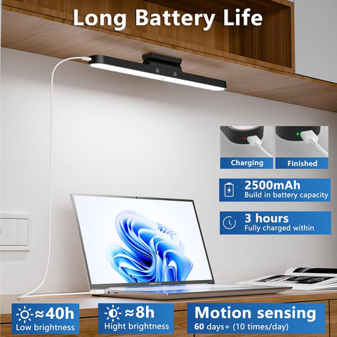 Lamp with laptop on desk, highlighting long battery life features.