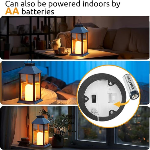 Lantern with battery illustration and indoor usage scenarios.