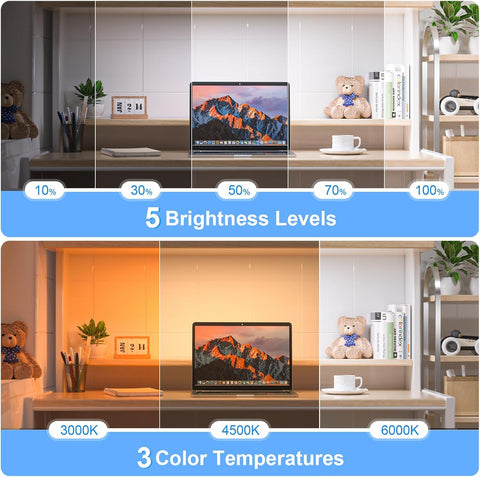Laptop on a desk with five brightness levels and three color temperatures displayed.
