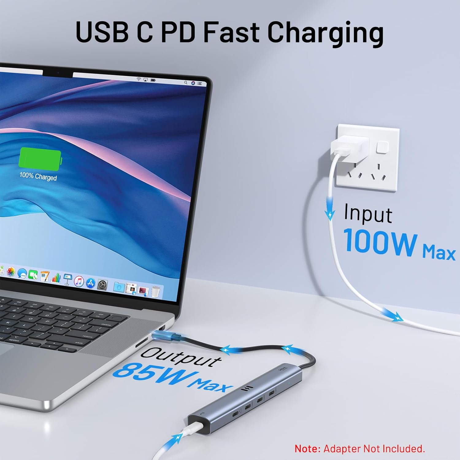 Laptop with USB-C PD fast charging adapter and power cable, showing 85W max output.