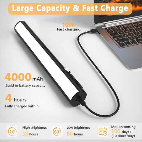 Laptop with a charging cable and battery pack, highlighting large capacity and fast charge features.