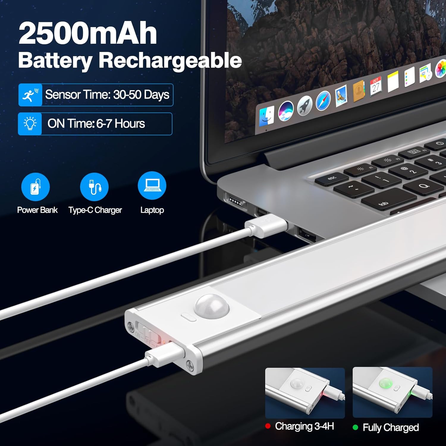 Laptop with a power bank connected, displaying battery information on screen.