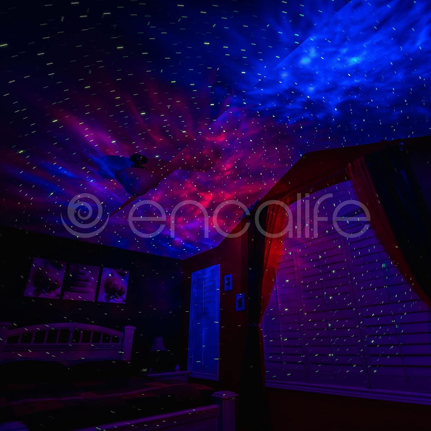 Laser projector with galaxy-themed background and feature highlights