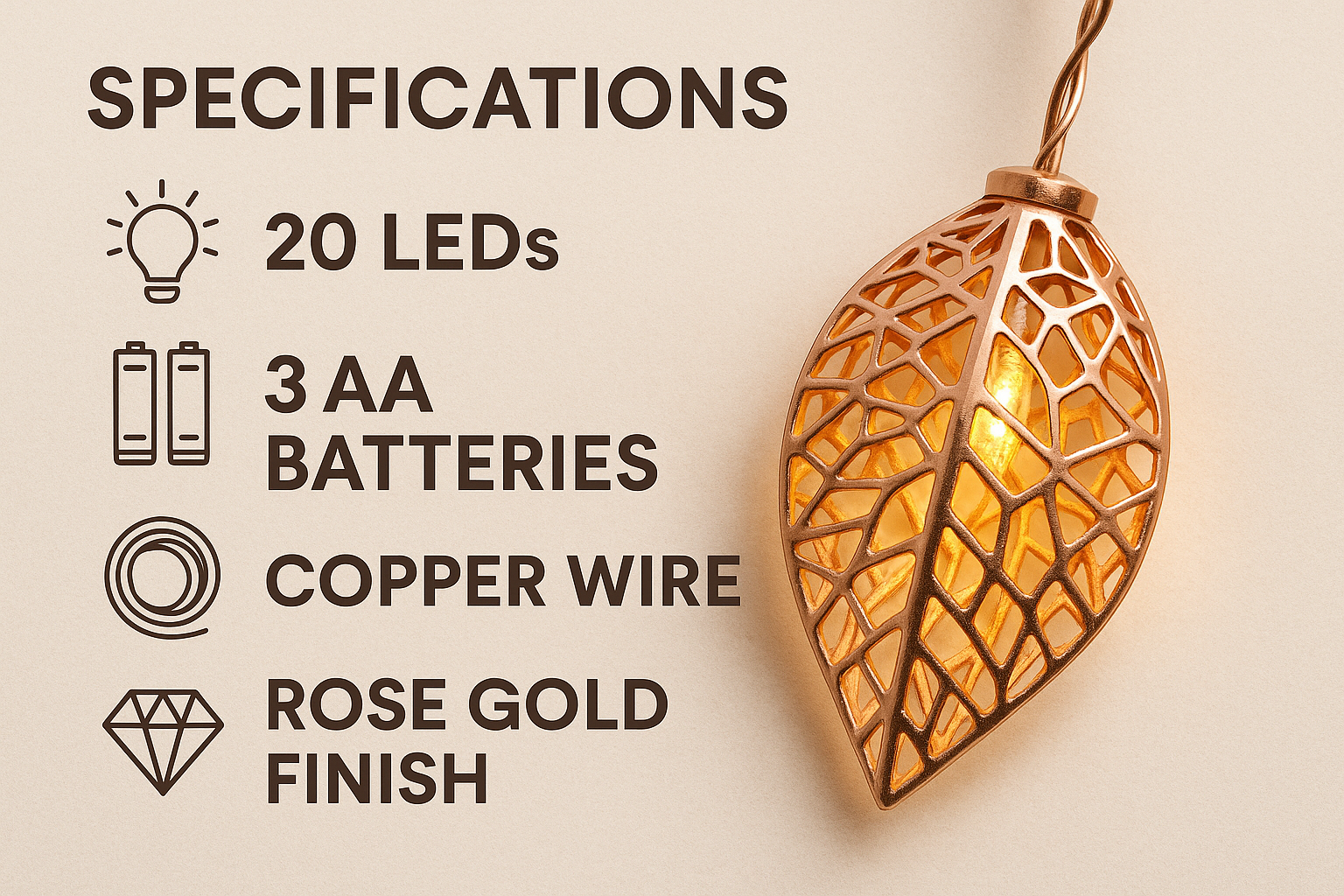 Leaf-shaped light with specifications on a beige background