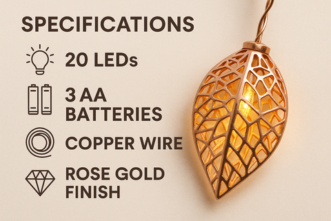 Leaf-shaped light with specifications on a beige background