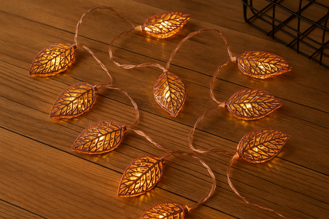 Leaf-shaped string lights on a wooden surface