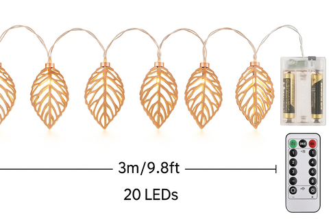 Leaf-shaped string lights with remote control on a white background