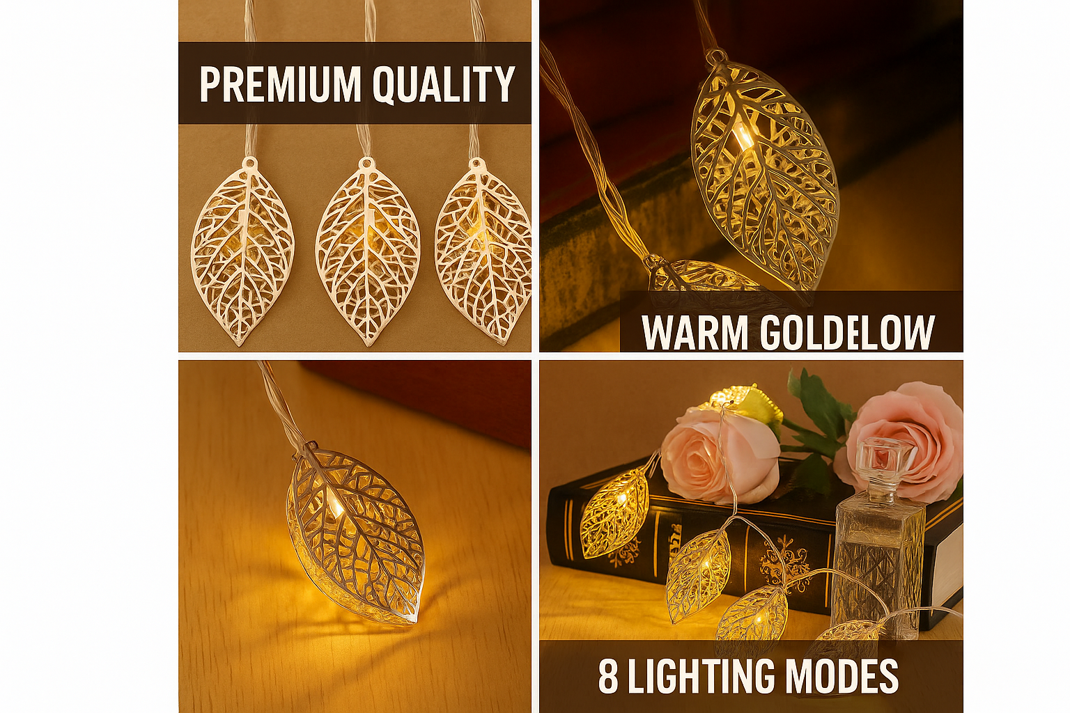 Leaf-shaped string lights with warm gold glow, displayed in various settings.