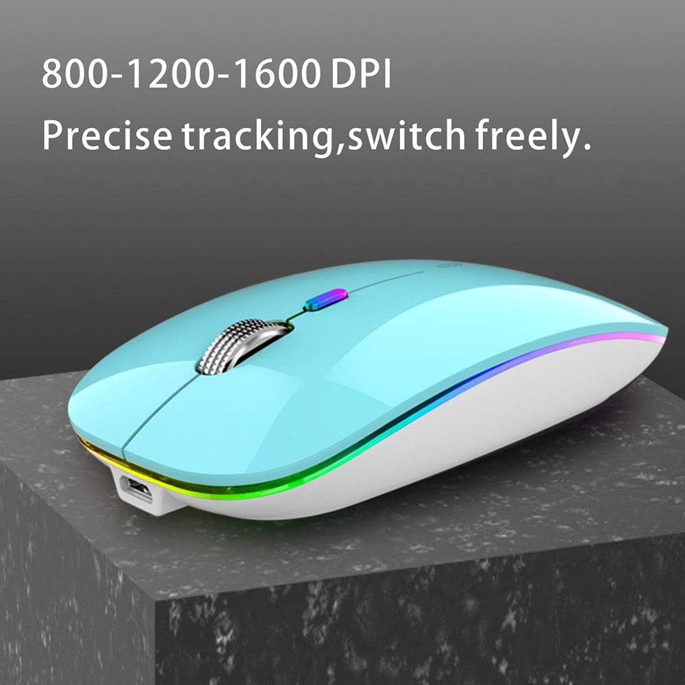 Light blue computer mouse on a dark surface with text about DPI settings.