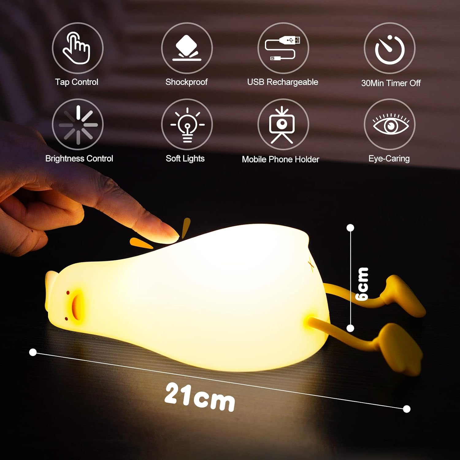 Light bulb-shaped night light with features listed on a dark background