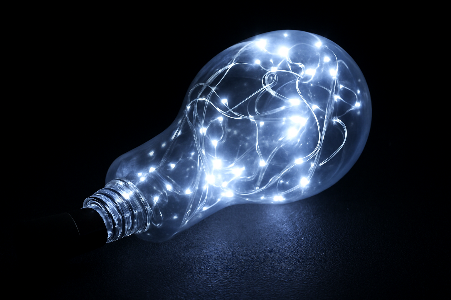 Light bulb-shaped object with glowing lights on a black background