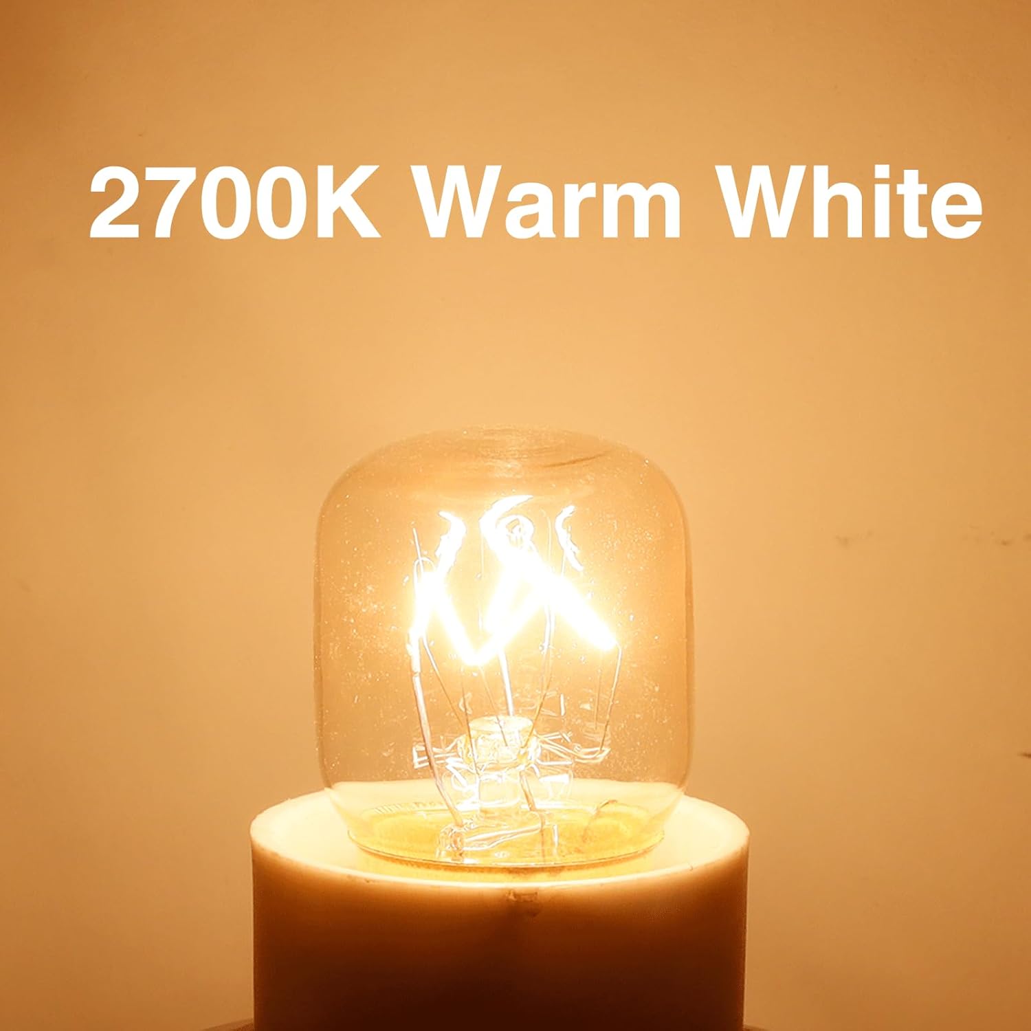 Light bulb emitting warm white light with '2700K Warm White' text above it on a brown background.