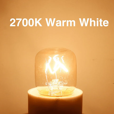 Light bulb emitting warm white light with '2700K Warm White' text above it on a brown background.