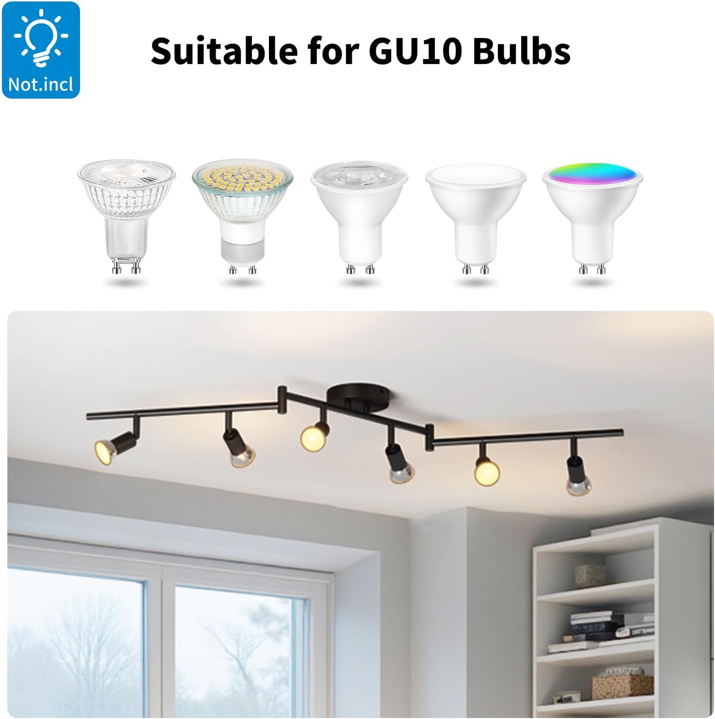 Light bulb set with GU10 compatibility and ceiling light fixture in a room setting.