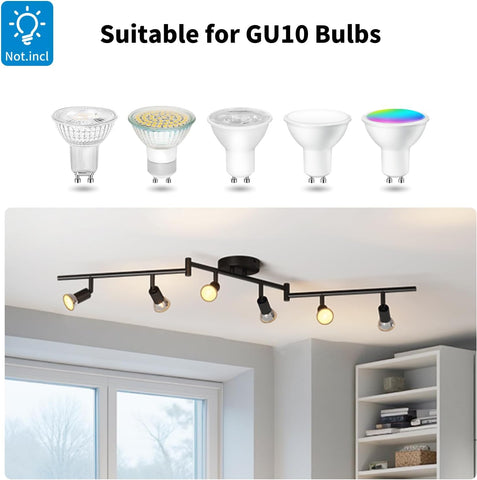 Light bulb set with GU10 compatibility and ceiling light fixture in a room setting.