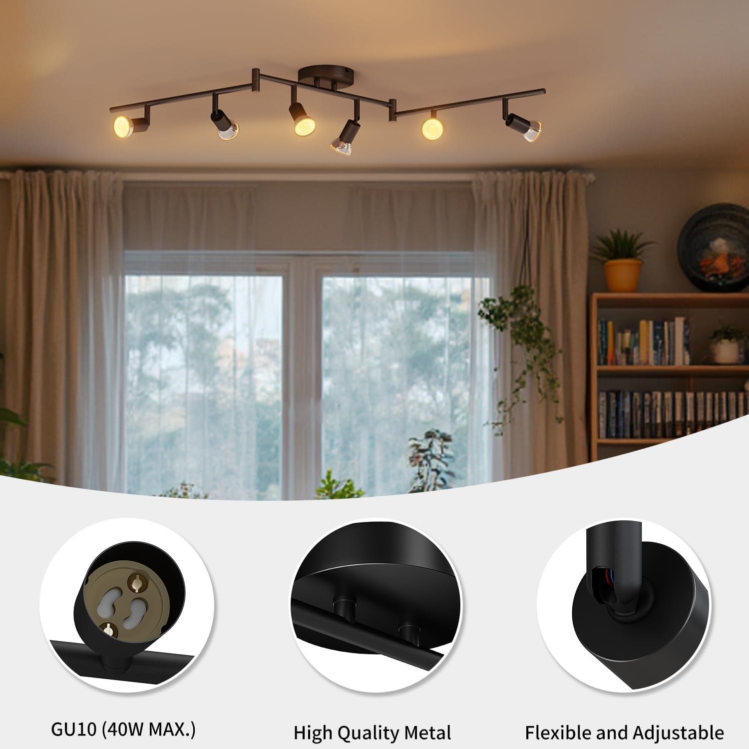 Light bulb set with GU10 compatibility and ceiling light fixture in a room setting.
