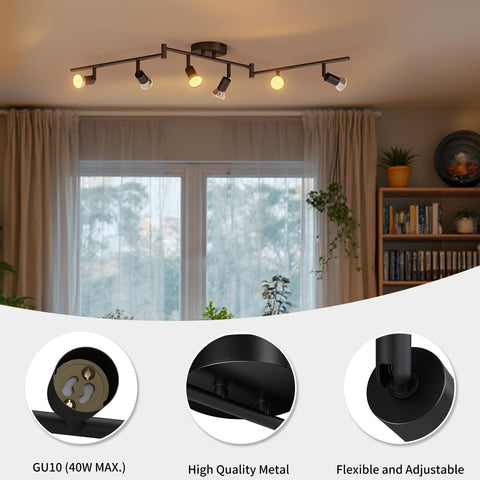 Light bulb set with GU10 compatibility and ceiling light fixture in a room setting.