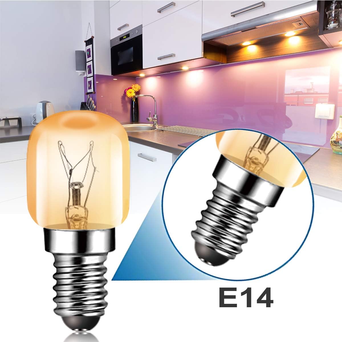 Light bulb with E14 base in a kitchen setting