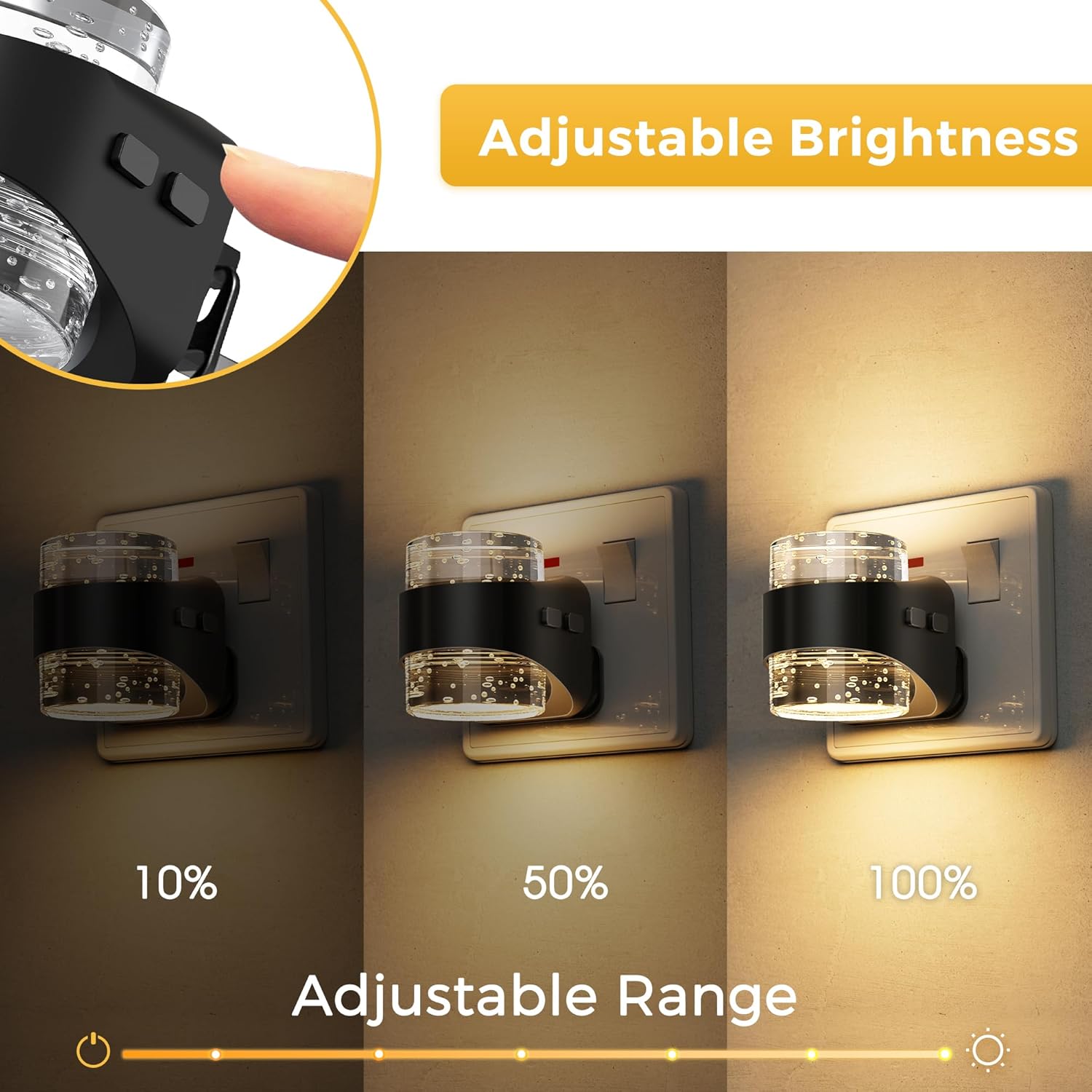Light bulb with adjustable brightness feature shown on a wall switch, displaying 10%, 50%, and 100% brightness levels.