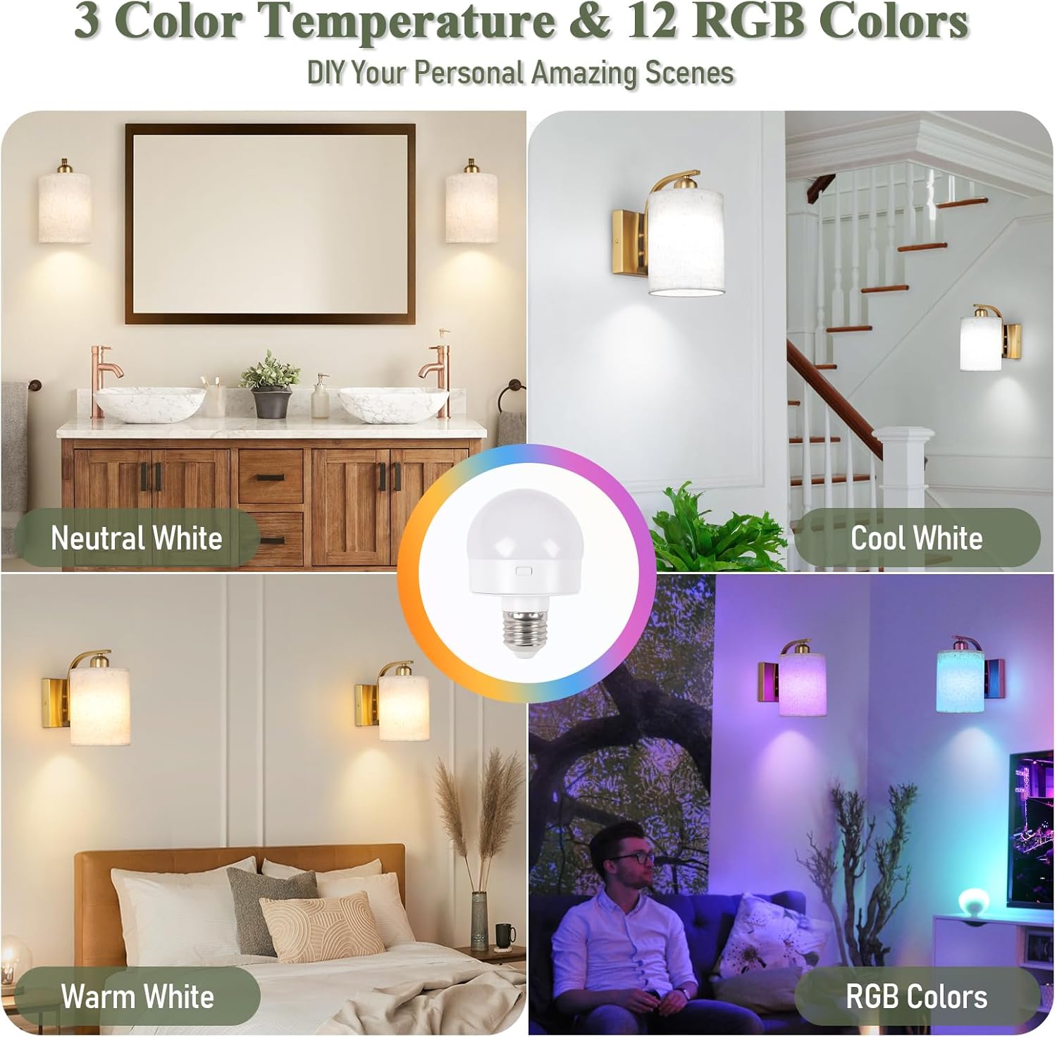 Light bulb with color temperature and RGB color options displayed in various indoor settings.