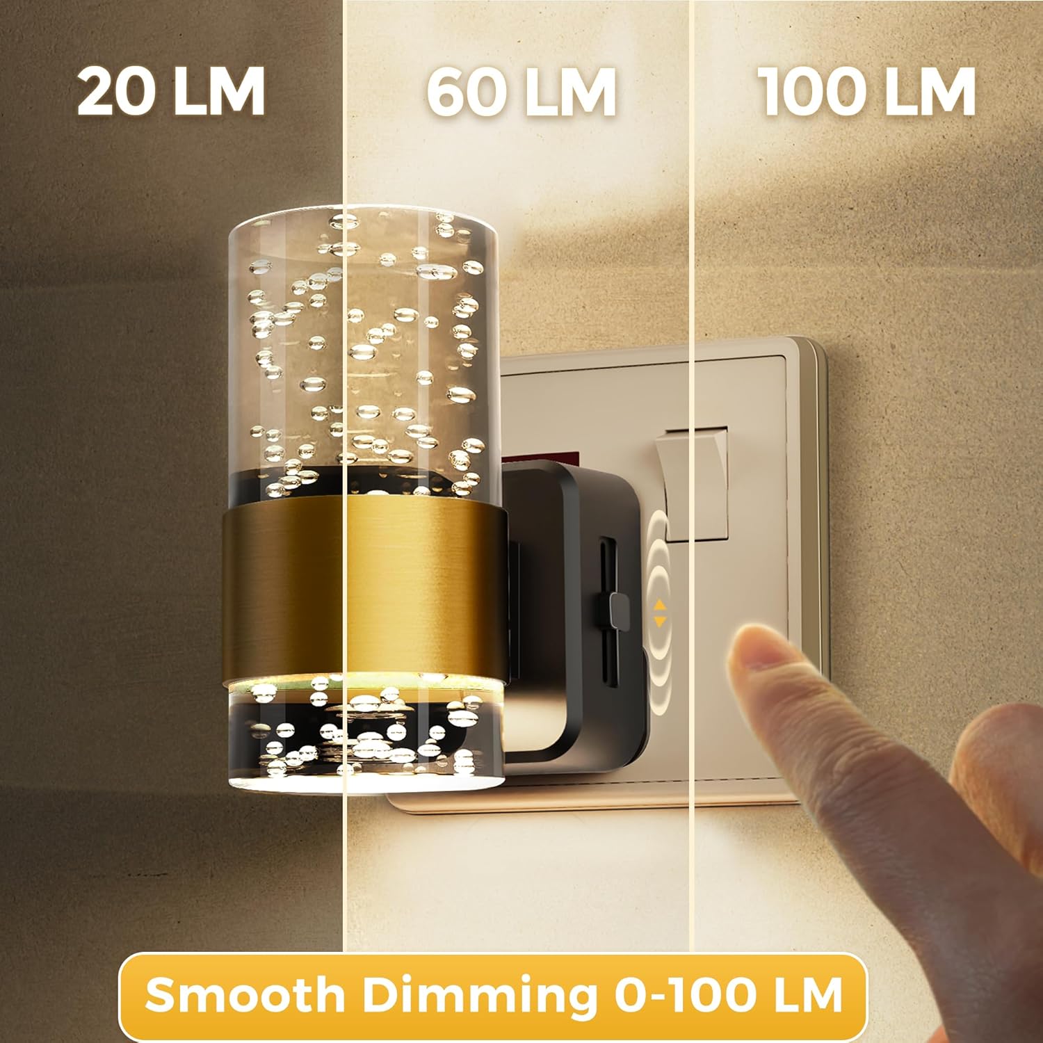 Light bulb with different lumens labeled on a wall switch background