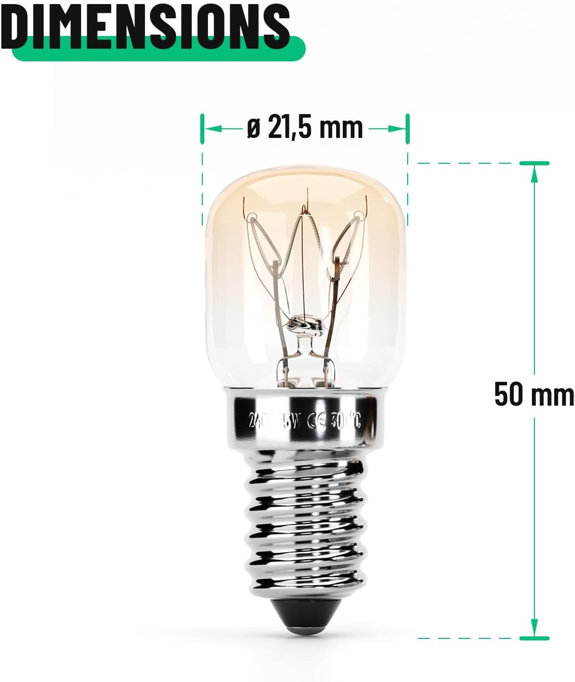 Light bulb with dimensions labeled on a white background