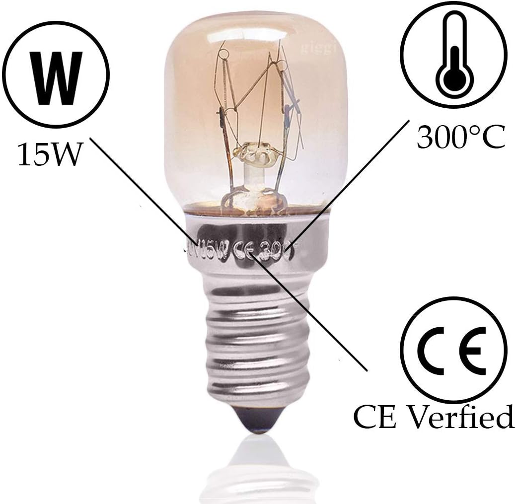 Light bulb with wattage, temperature rating, CE verification, and E14 base information on a white background.
