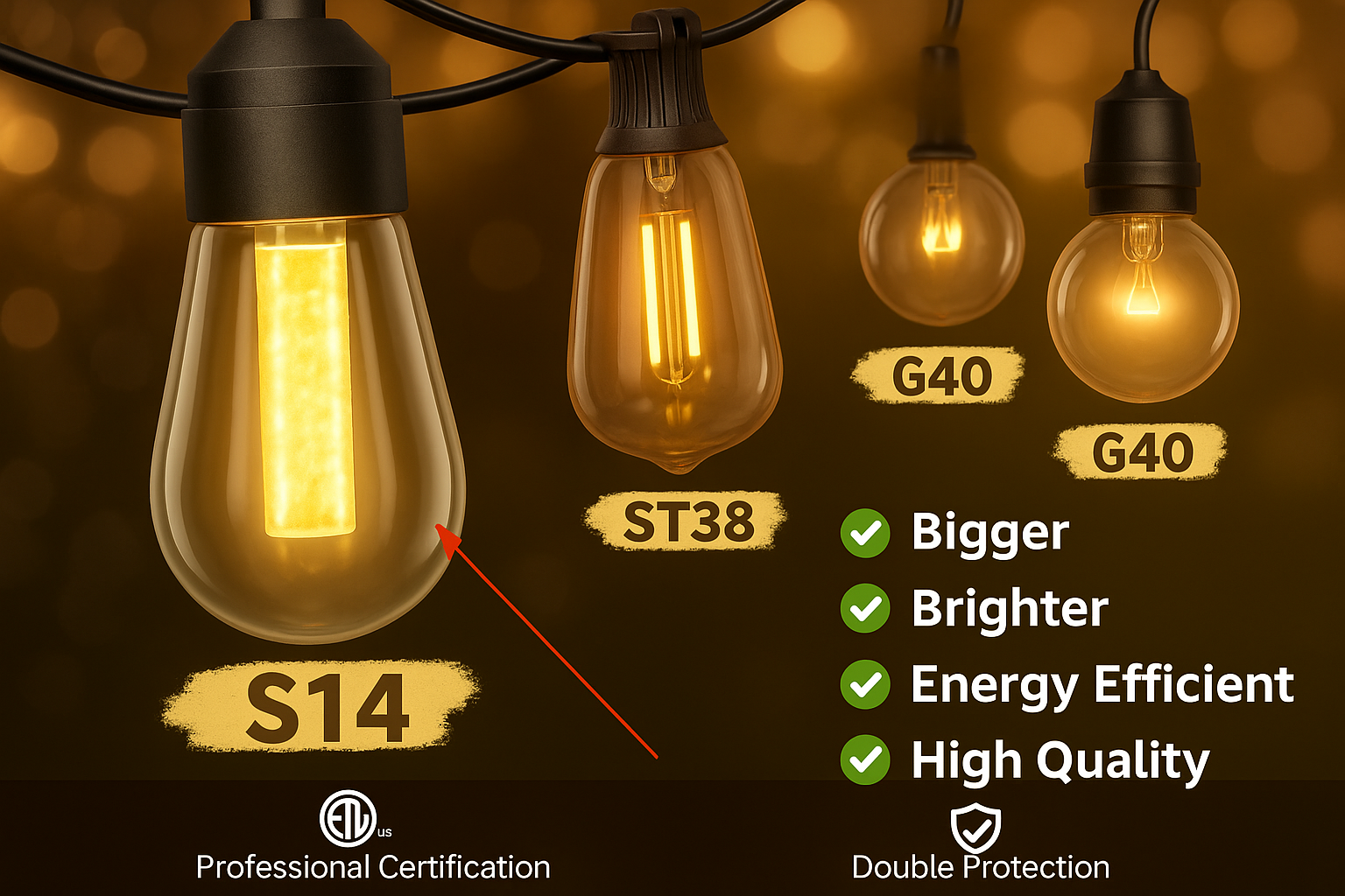 Light bulbs with labels S14, ST38, and G40 on a dark background with glowing effect.
