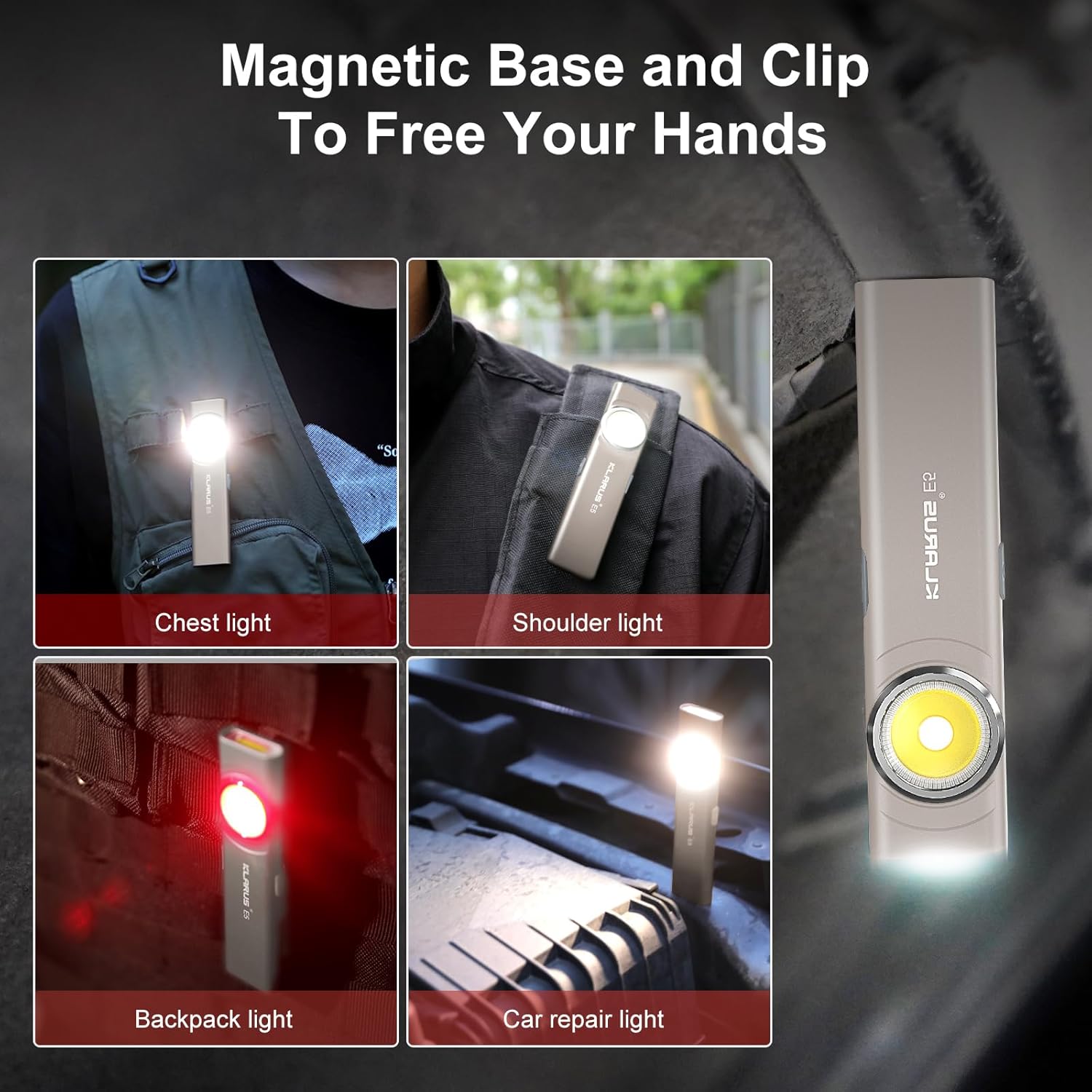 Light device with magnetic base and clip features, shown in various uses.